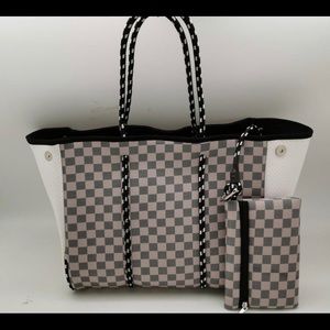 Checker board neoprene tote bag and wristlet